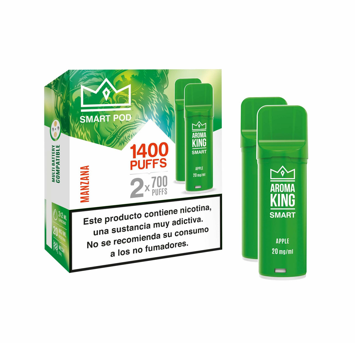 Aroma King Smart Capsula gusto mela 20 mg/ml 1400 erogazioni (2x700), dispositivo verde con scatola originale.