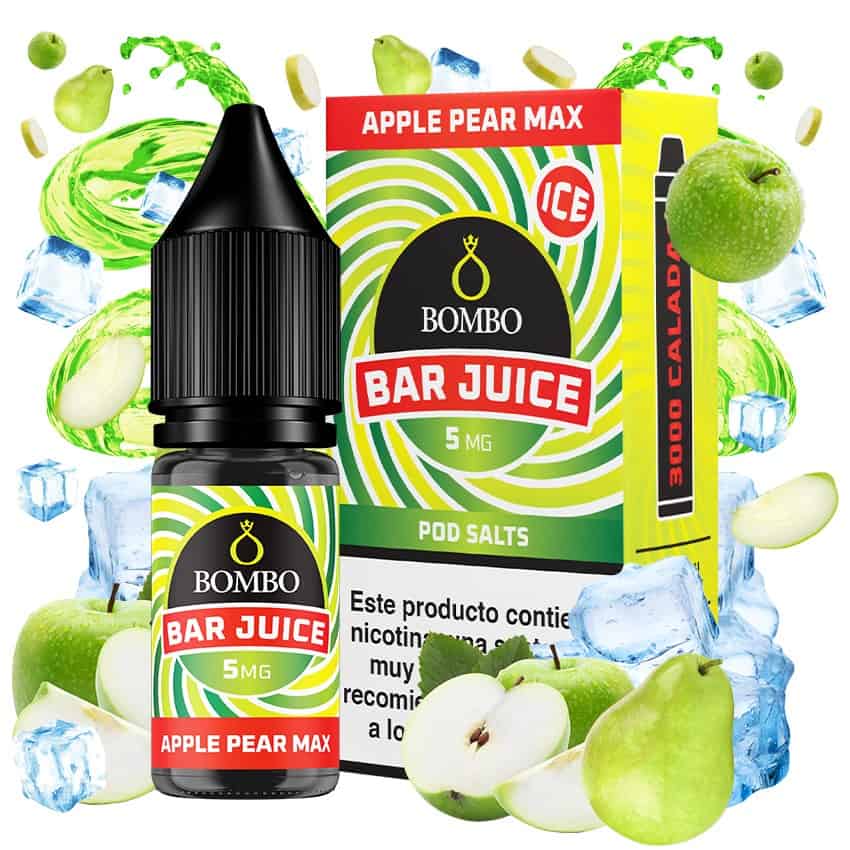 Bottle of nicotine salts Bombo Bar Juice Apple Pear Max Ice 10 ml, with a striking and colorful design, which represents a fruity apple and pear flavor with an intense refreshing touch.