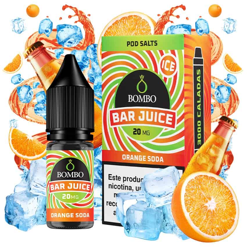 bouteille d'e-liquide Bombo Bar Juice 10 ml Orange Soda avec une étiquette aux tons orange, à côté de sa boîte, accompagné de tranches d'orange et de bulles qui évoquent une saveur de type soda agrume, sucrée et rafraîchissante.