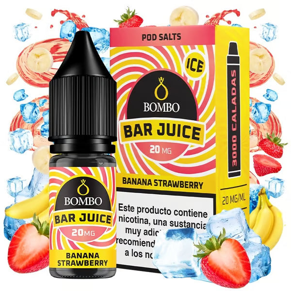 bouteille d'e-liquide Bombo Bar Juice 10 ml Fraise Banane avec une étiquette dans les tons rouge et jaune, accompagné de sa boîte, accompagné de fraises et de banane qui évoquent une saveur douce, crémeuse et fruitée.