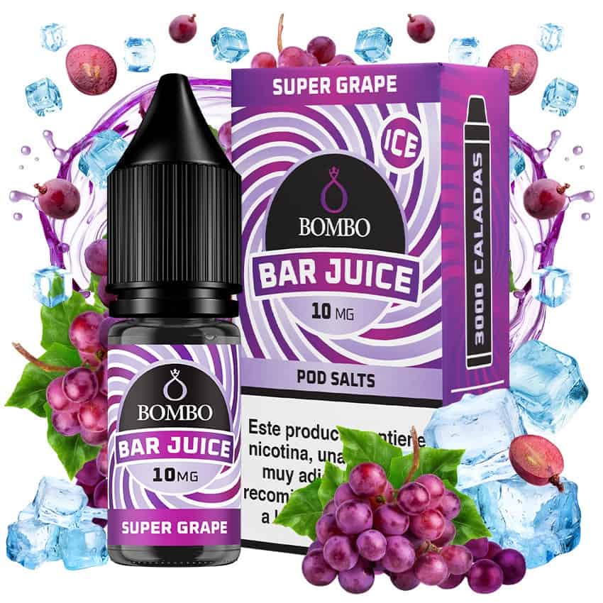 bottiglia di liquido elettronico Bombo Bar Juice Super Grape Ice da 10 ml con etichetta viola, insieme alla sua scatola, accompagnato da uva e ghiaccio che evocano un sapore dolce, fruttato e rinfrescante.