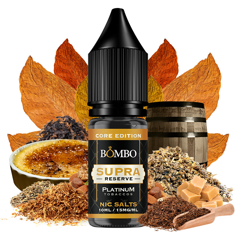 Botella de e-liquid Bombo Core Edition Supra Reserve de 10 ml, con diseño que evoca un tabaco intenso con matices dulces y sofisticados.