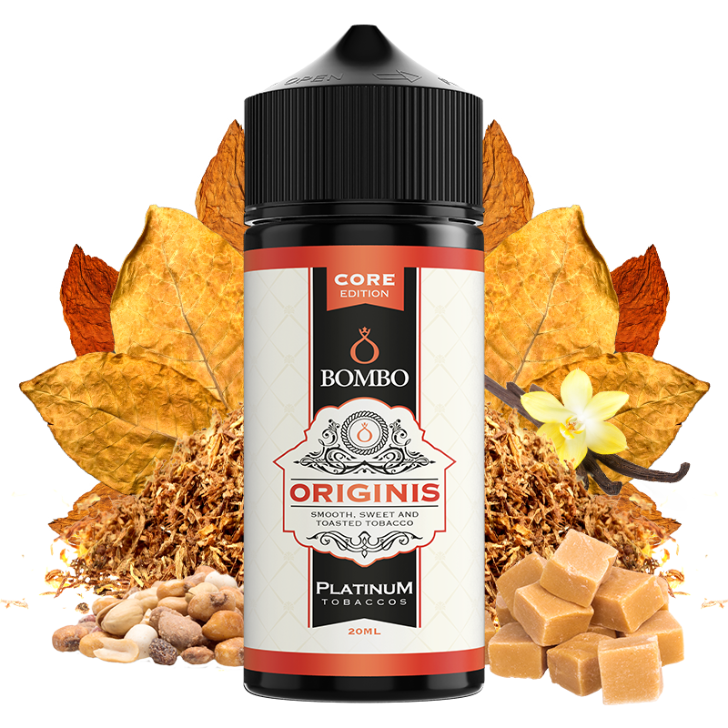 Botella de aroma Bombo Originis Platinum Tobaccos de 20 ml (formato 20/120 ml), con diseño elegante en tonos beige y rojo, acompañada de hojas de tabaco, vainilla, frutos secos y caramelo que representan su sabor dulce y tostado.