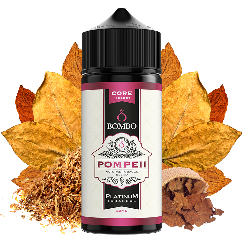 Botella de aroma Bombo Pompeii Platinum Tobaccos de 20 ml (formato 20/120 ml), con diseño elegante en tonos beige y rojo, que representa un sabor de tabaco con matices dulces y especiados característicos de la gama Platinum Tobaccos.