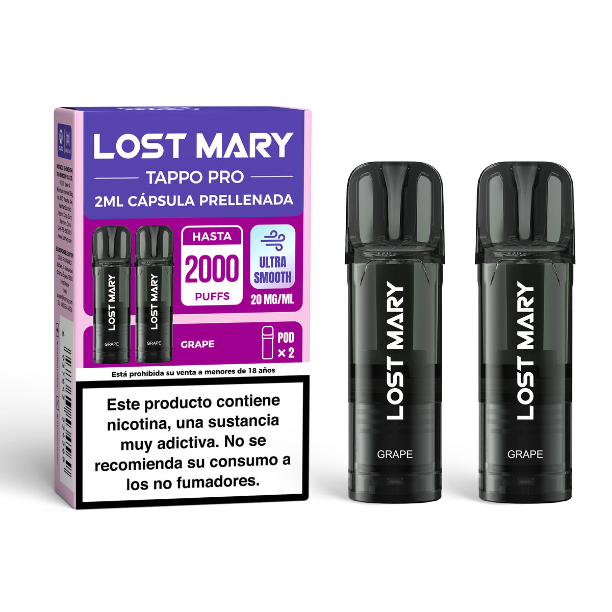 Cartouche x2 Lost Mary Tappo Grape – capsules préremplies conçues pour les appareils Lost Mary Tappo / Tappo Air / Tappo Pro, à la saveur de raisin sucré et juteux, offrant une expérience fruitée intense et douce.
