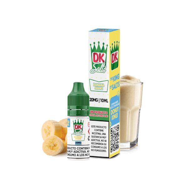 Liquid Donut King Salts Banana Shake 10 ml with bottle and original box, accompanied by banana and creamy shake that represent its flavor.