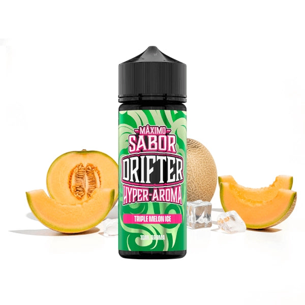 Aroma Drifter Hyper Triple Melon Ice 10 ml en format longfill, bouteille avec une étiquette verte à côté de différents types de melon et de glace qui représentent sa saveur.