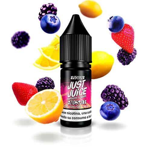 Líquido para vapeo Just Juice Nic Salts Fusion Berry Burst Lemonade 10ml, botella de sales de nicotina con diseño en tonos morados y amarillos, acompañado de frutos rojos y limonada que representan su sabor.