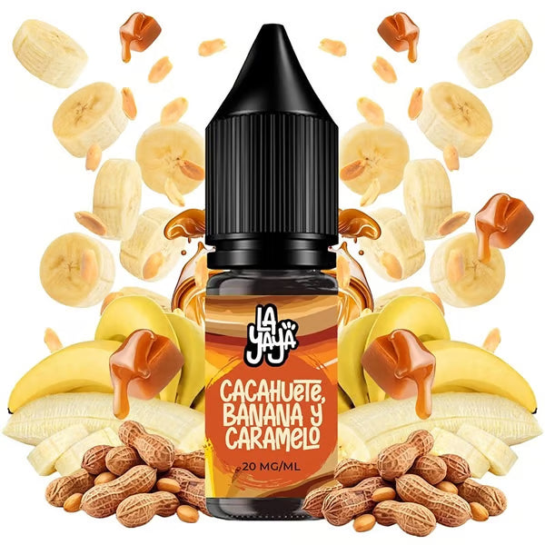 Líquido para vapeo La Yaya Salts Cacahuete, Banana y Caramelo 10ml con sales de nicotina, botella con diseño en tonos marrones y amarillos, acompañado de cacahuete, plátano y caramelo que representan su sabor.