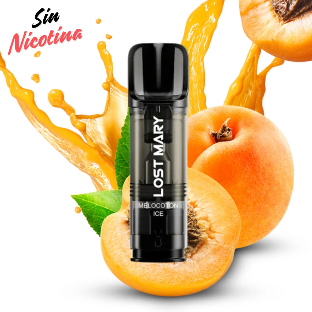 Capsule Lost Mary Tappo Air Peach Ice sans nicotine (Pack 2), dosettes préremplies compatibles avec les appareils Lost Mary Tappo Air, saveur pêche douce avec une touche glacée rafraîchissante, chaque capsule contenant 2 ml d'e-liquide et jusqu'à environ 600 bouffées, format pack de 2 unités pour une expérience de vape fruitée sans nicotine.