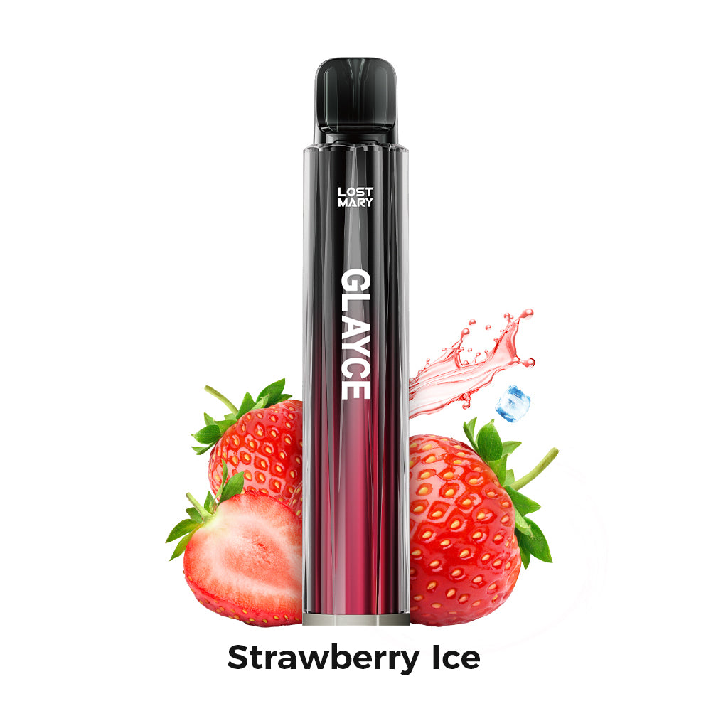 Vaper Lost Mary Tappo Glayce Strawberry Ice, dispositivo tipo pod con sabor fresa con toque mentolado refrescante, compatible con cápsulas Lost Mary Tappo, diseño compacto en formato stick con boquilla integrada y presentación visual inspirada en fresas y efecto hielo que representan el sabor del producto.