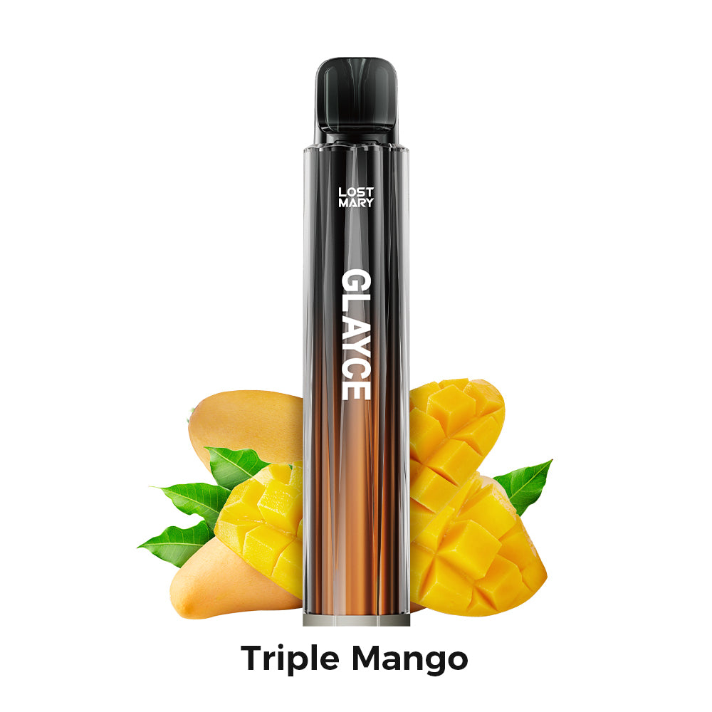 Vapeur Lost Mary Tappo Glayce Triple Mango, appareil de type dosette au goût intense de mangue tropicale, compatible avec les capsules Lost Mary Tappo, design compact au format stick avec embout intégré et présentation visuelle inspirée des mangues qui représentent la saveur du produit.