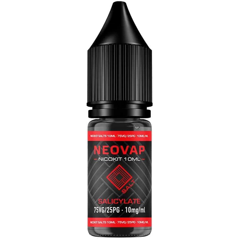 10 ml Nicokit Salt Salicylate Neovap e-liquid bottle, with black design and red details, dropper-type safety cap and front label indicating 75VG/25PG ratio and 15 mg/ml of nicotine.