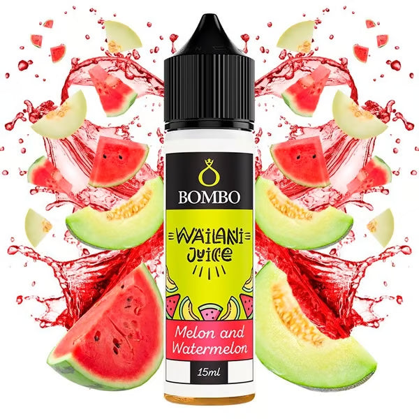 Wailani Juice de Bombo Melon et Pastèque Flacon de 10 ml aux sels de nicotine, au design tropical et coloré, représentant une saveur fruitée de melon et de pastèque avec un mélange rafraîchissant et équilibré.