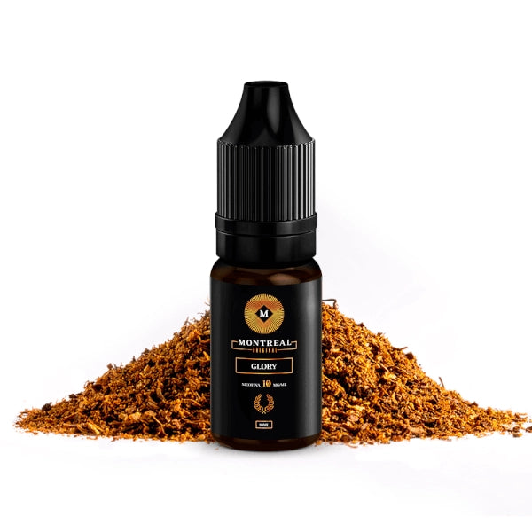 Sali di nicotina Montreal Glory liquidi da 10 ml, flacone dal design dai toni scuri, accompagnato da note di tabacco che ne rappresentano il sapore.