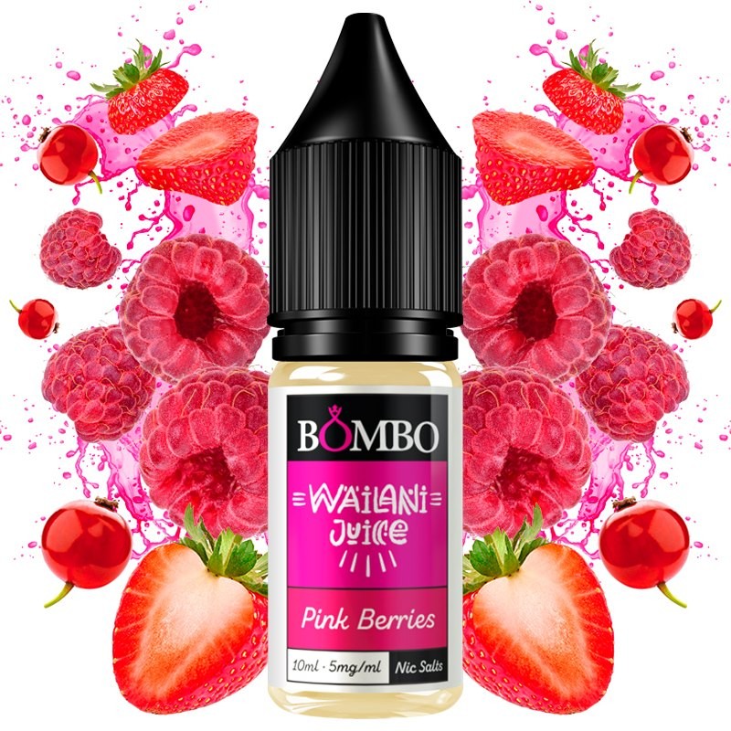 Wailani Juice by Bombo Pink Berries 10 ml bottle of nicotine salts, with a tropical and colorful design, representing a fruity red fruit flavor with a sweet and slightly acidic profile.