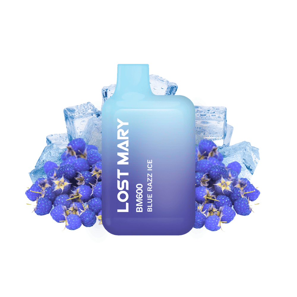 Sigaretta Elettronica Usa e Getta Lost Mary BM600 Blue Razz Ice 20 mg/ml, dispositivo compatto con un massimo di 600 spruzzi e e-liquid al gusto di lampone blu con un tocco rinfrescante di mentolo, design ergonomico con bocchino integrato e presentazione visiva ispirata ai frutti blu e un effetto ghiaccio che rappresenta il sapore del prodotto.