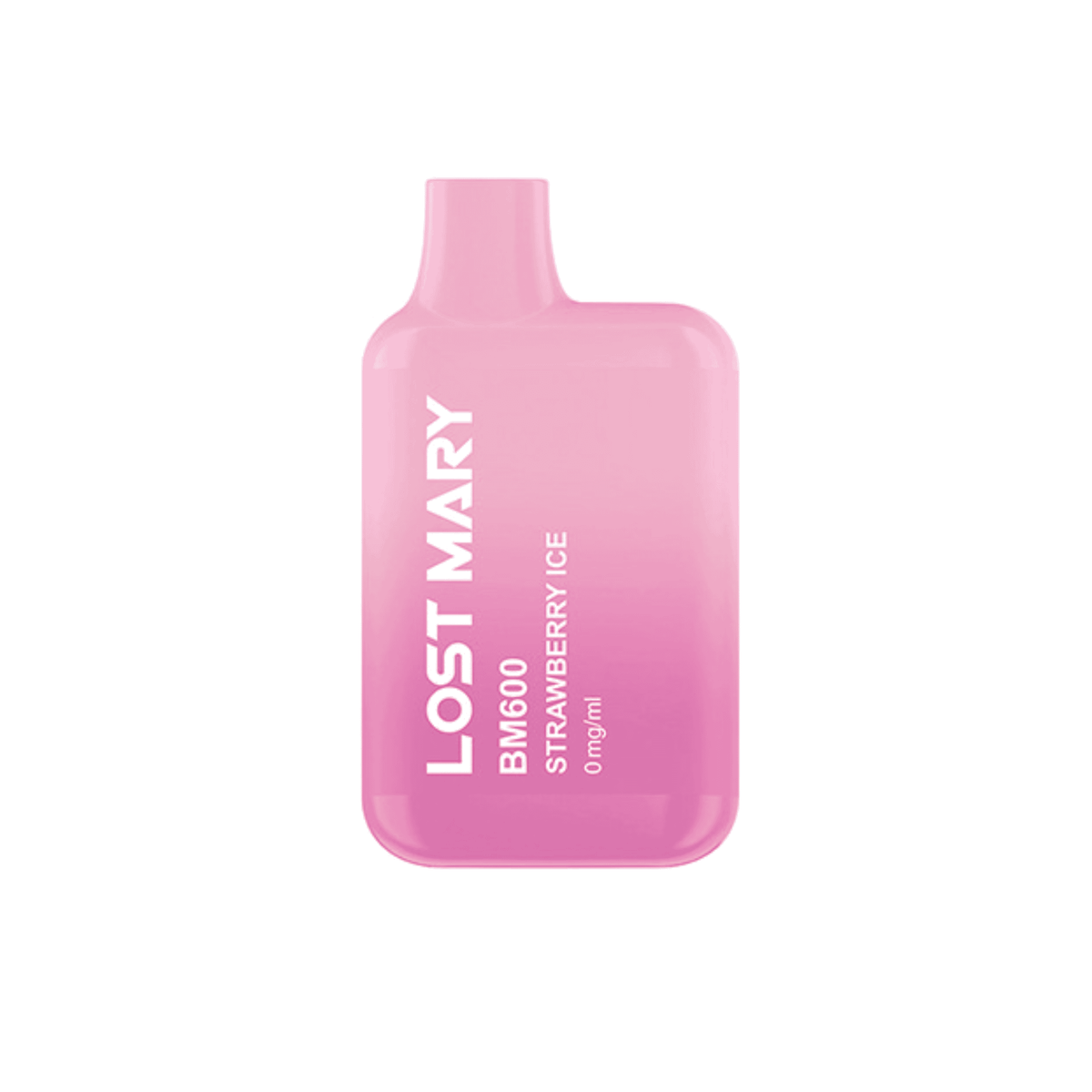 Vaper desechable Lost Mary BM600 Strawberry sin nicotina, dispositivo compacto con hasta 600 puffs y e-liquid sabor fresa dulce y afrutada, diseño ergonómico con boquilla integrada.