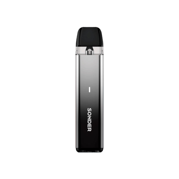 Vaper recargable Geekvape Sonder Q Lite Pod Kit en color negro con diseño compacto tipo stick, indicador LED frontal y cartucho transparente superior con boquilla negra integrada.