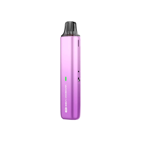 vapoteur rechargeable Vaporesso Kit Pod Vibe SE violet avec un design compact de type stick, un indicateur LED avant, un réservoir supérieur transparent et un embout noir intégré.