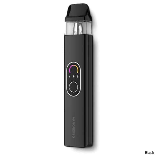 Vaper recargable Vaporesso Xros 4 Pod Kit en color negro con diseño compacto tipo stick, indicador LED frontal de colores, botón central y cartucho transparente superior con boquilla negra