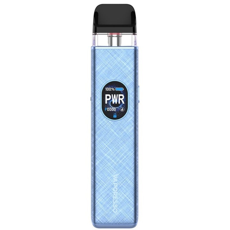 Vaper recargable Vaporesso Xros 5 Pod Kit en color azul con acabado texturizado, pantalla frontal circular con indicador de potencia y batería, y cartucho transparente superior con boquilla negra.