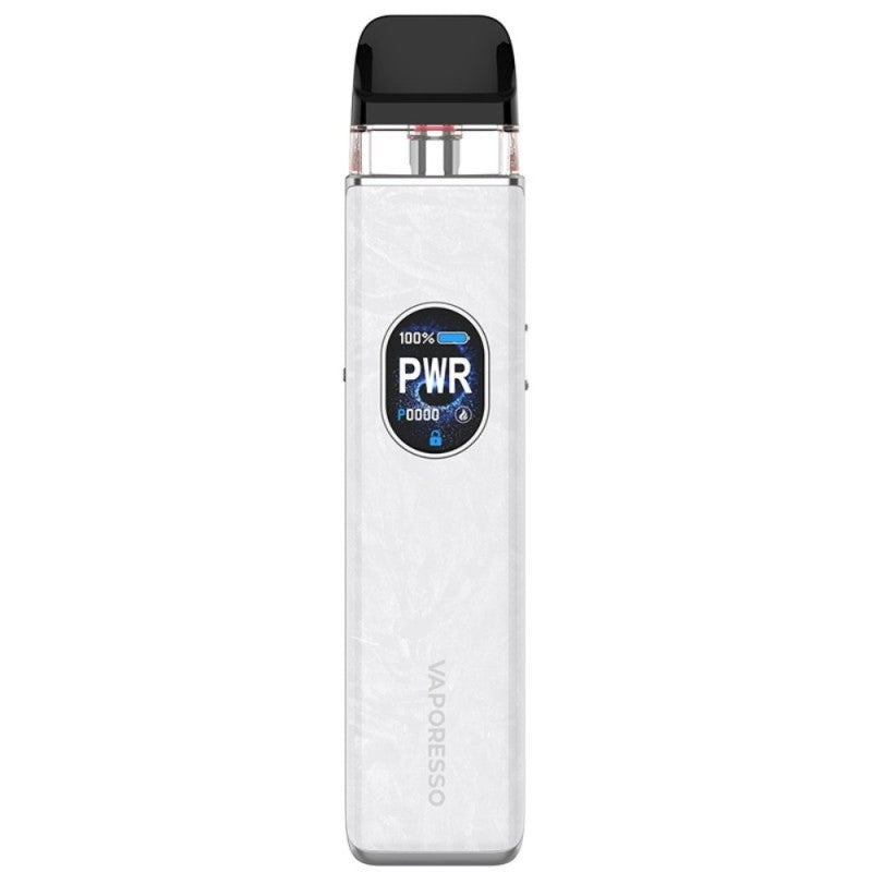Vaper recargable Vaporesso Xros 5 Pod Kit en color blanco con acabado texturizado, pantalla frontal circular con indicador de potencia y batería, y cartucho transparente superior con boquilla negra.