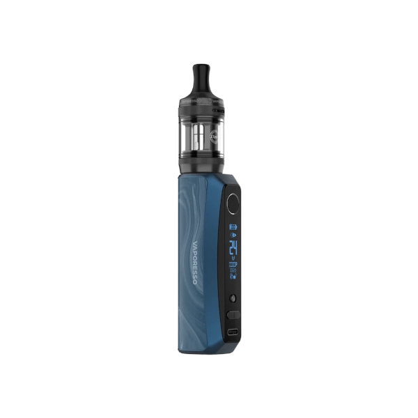 Svapatore Vaporesso Kit GTX One Pro in blu con design ergonomico, schermo laterale e pulsanti di controllo, accompagnato da un serbatoio superiore trasparente con bocchino nero.