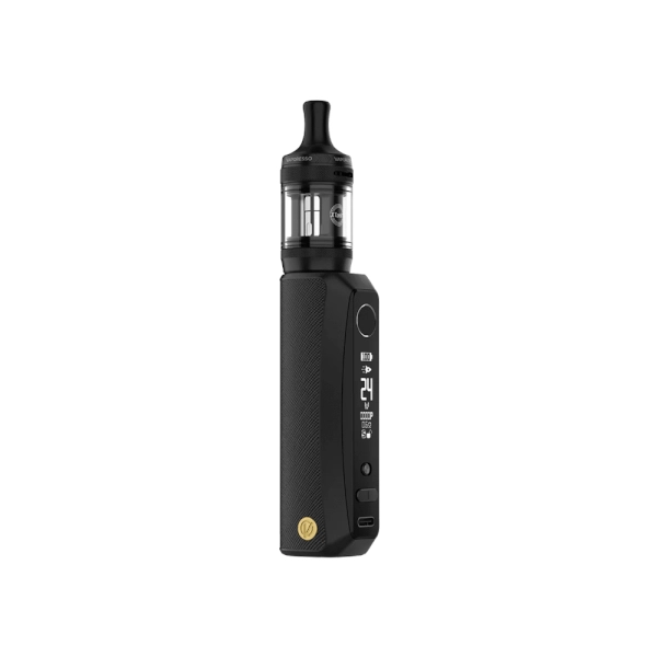 Svapatore Vaporesso Kit GTX One Pro in nero con design ergonomico, schermo laterale e pulsanti di controllo, accompagnato da un serbatoio superiore trasparente con bocchino nero.