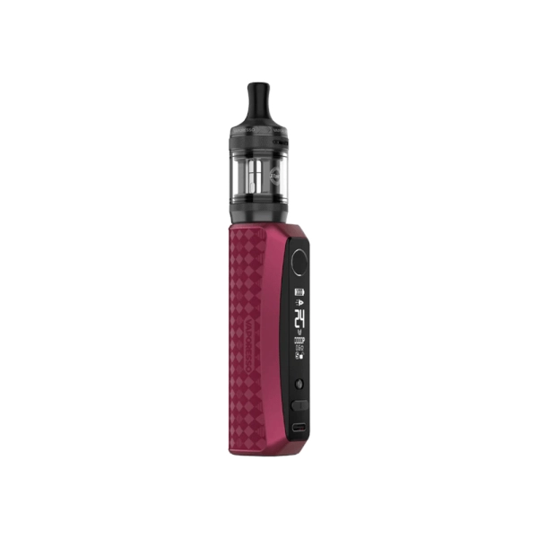 Svapatore Vaporesso Kit GTX One Pro in rosso con design ergonomico, schermo laterale e pulsanti di controllo, accompagnato da un serbatoio superiore trasparente con bocchino nero.