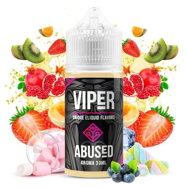 bottiglia di aromi Viper Abused da 30 ml, dal design nero e dettagli rosa, circondato da vari frutti come fragola, kiwi, melograno e frutti di bosco che ne rappresentano il sapore fruttato.