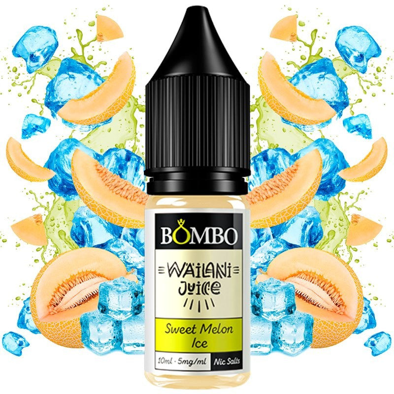 10 ml bottle of Wailani by Bombo Sweet Melon nicotine salts with a green label, along with its box, accompanied by melon that evokes a sweet and fruity flavor.