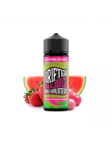 Aroma Drifter Bar Juice Watermelon Strawberry Bubblegum 24 ml en formato longfill, botella con etiqueta verde junto a sandía, fresas y chicles que representan su sabor.