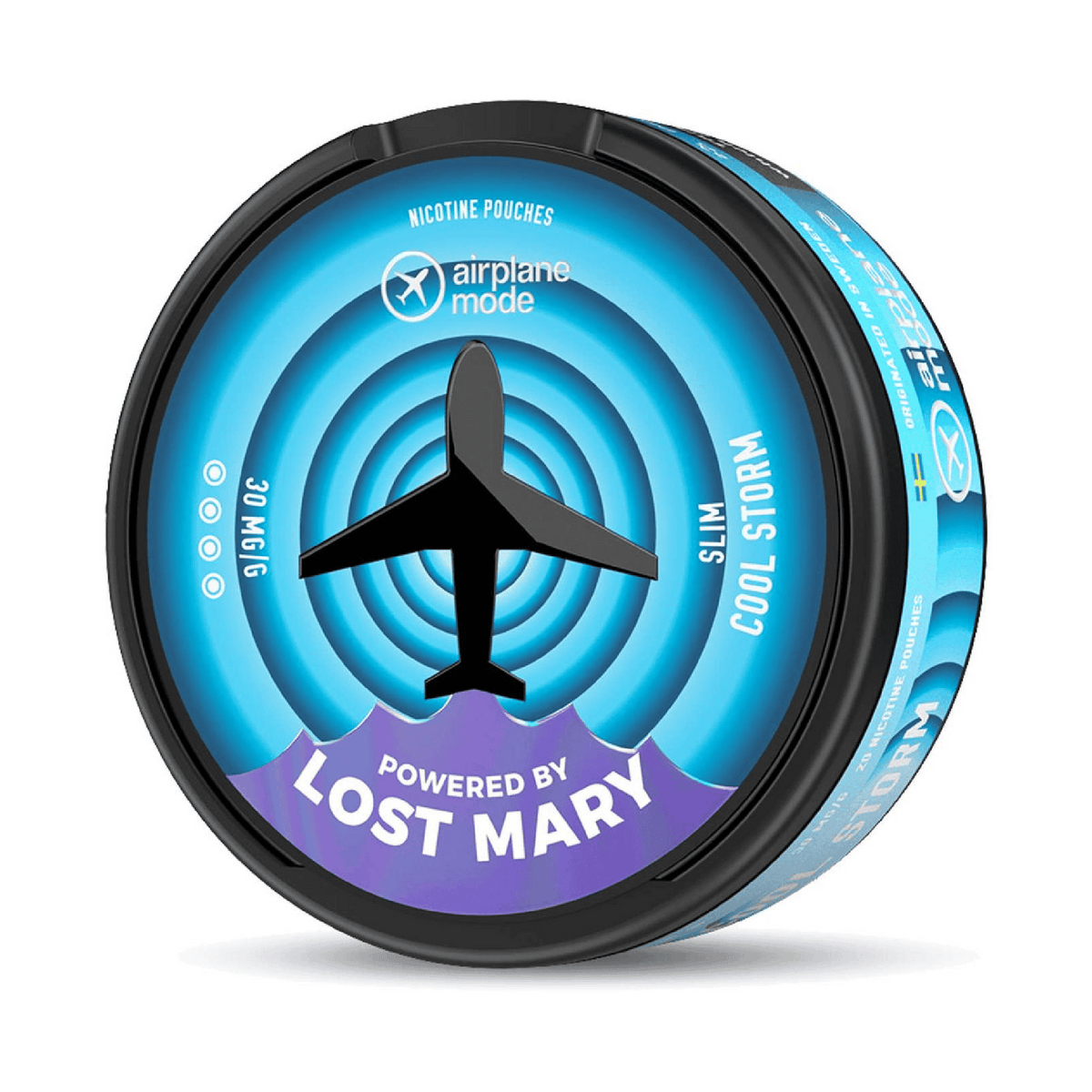 Bolsitas de nicotina Airplane Mode by Lost Mary Cool Storm, nicotine pouches sabor menta fresca con efecto intensamente refrescante para uso oral sin humo ni vapor, formato slim en lata compacta de 30 mg/g con diseño azul inspirado en sensaciones de frescor.