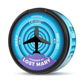Bolsitas de nicotina Airplane Mode by Lost Mary Cool Storm, nicotine pouches sabor menta fresca con efecto intensamente refrescante para uso oral sin humo ni vapor, formato slim en lata compacta de 30 mg/g con diseño azul inspirado en sensaciones de frescor.