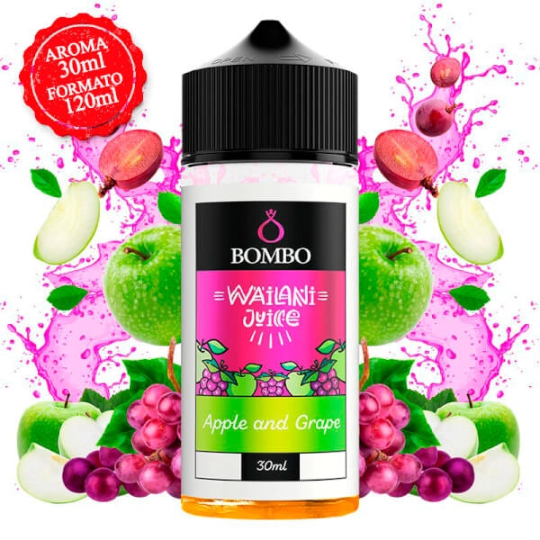 Wailani Juice di Bombo Apple and Grape aroma bottiglia longfill da 30 ml (formato 30/120 ml), dal design fruttato che evoca la mela e l'uva.