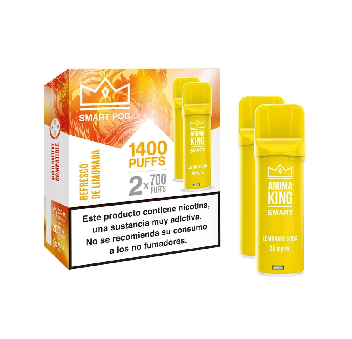 Vape Aroma King Smart Lemonade Soda flavor 20mg/mL 1400 puffs (2x700), pack of 2 yellow capsules.