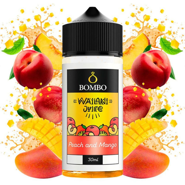 Wailani Juice by Bombo Peach and Mango longfill aroma bottle of 30 ml (30/120 ml format), with a fruity design that evokes peach and mango.