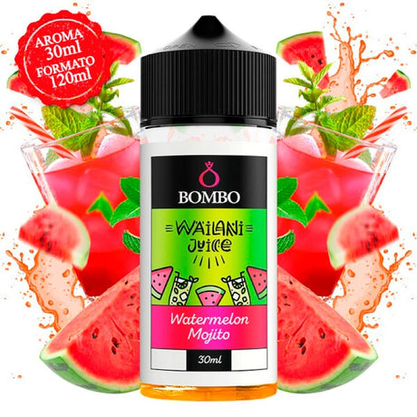 Botella de aroma longfill Wailani Juice by Bombo Watermelon Mojito de 30 ml (formato 30/120 ml), con diseño refrescante que evoca sandía, lima y menta.