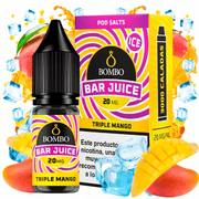 10 ml bottle of Bar Juice by Bombo Triple Mango Ice e-liquid with a label in orange and yellow tones, along with its box, accompanied by mangoes and ice that evoke a tropical, sweet and refreshing flavor.