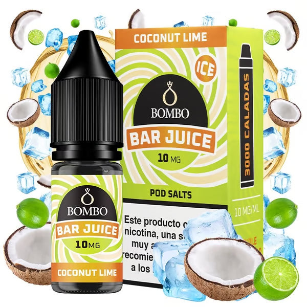 bottiglia di liquido elettronico Bombo Bar Juice Coconut Lime 10 ml con un'etichetta nei toni del verde e dell'arancio, accanto alla sua scatola, accompagnato da cocco e lime che evocano un sapore tropicale, fresco e leggermente agrumato.