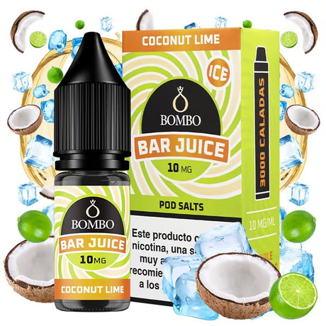bottiglia di liquido elettronico Bombo Bar Juice Coconut Lime 10 ml con un'etichetta nei toni del verde e dell'arancio, accanto alla sua scatola, accompagnato da cocco e lime che evocano un sapore tropicale, fresco e leggermente agrumato.