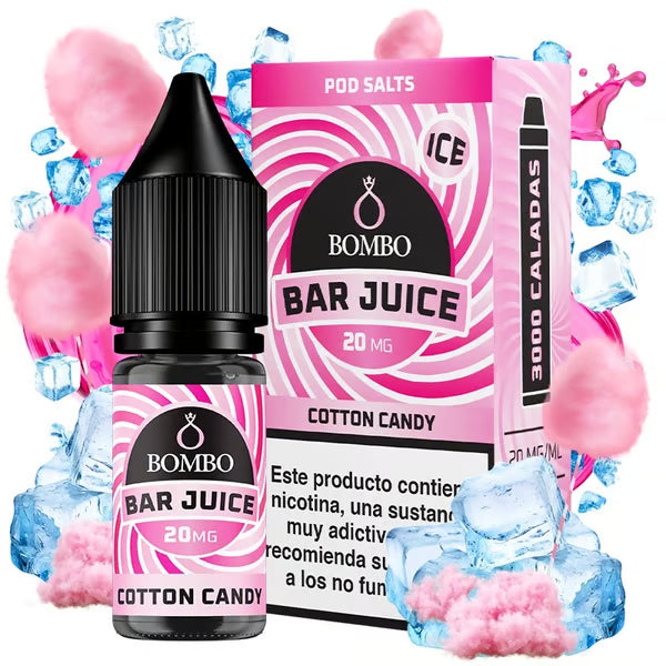 bouteille d'e-liquide Bombo Bar Juice 10 ml de Barbe à Papa avec une étiquette dans les tons roses, accompagné de sa boîte, accompagné de barbe à papa qui évoque une saveur douce, légère et de type juste.