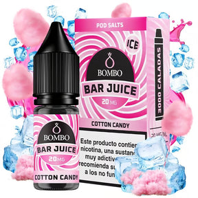 bouteille d'e-liquide Bombo Bar Juice 10 ml de Barbe à Papa avec une étiquette dans les tons roses, accompagné de sa boîte, accompagné de barbe à papa qui évoque une saveur douce, légère et de type juste.