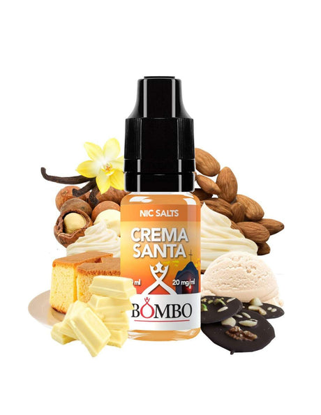 Botella de e-liquid Bombo Bar Juice Crema Santa de 10 ml (20 mg) con etiqueta en tonos suaves, acompañada de elementos cremosos que evocan un sabor dulce, suave y tipo postre.