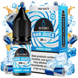 Botella de e-liquid Bombo Bar Juice Energy Drink Ice de 10 ml con etiqueta en tonos azules, junto a su caja, acompañada de hielo y elementos que evocan bebida energética, sugiriendo un sabor intenso, dulce y refrescante.