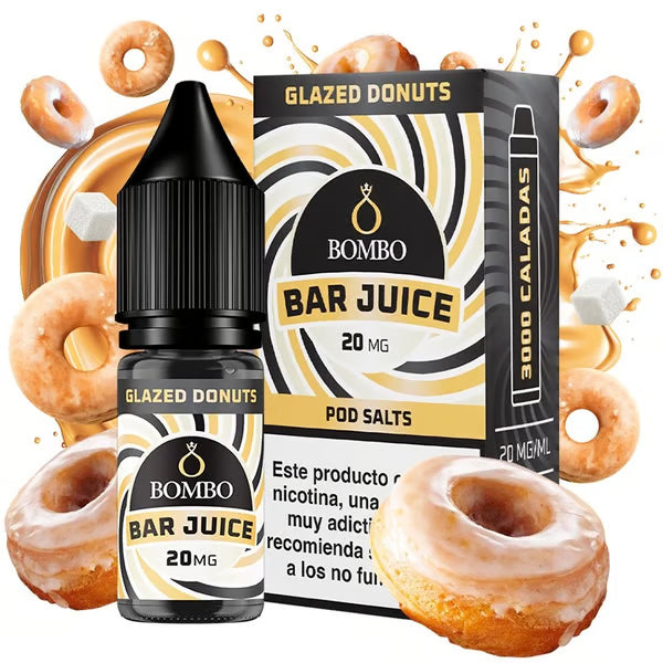 bouteille d'e-liquide Bombo Bar Juice Glazed Donuts 10 ml, au design doux qui évoque les beignets glacés.