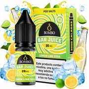 e-liquid bottle Bombo Bar Juice Lemon Lime Soda 10 ml, with a striking and colorful design, which represents a refreshing lemon and lime flavor with a touch of a carbonated drink.