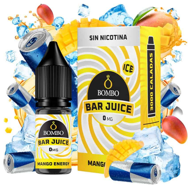 Botella de e-liquid Bombo Bar Juice Mango Energy de 10 ml con etiqueta en tonos amarillos, junto a su caja, acompañada de mango y elementos que evocan bebida energética, sugiriendo un sabor tropical, dulce y vibrante.