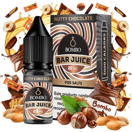 bottiglia di liquido elettronico Bombo Bar Juice Nutty Chocolate 10 ml con un'etichetta marrone, accanto alla sua scatola, accompagnato da cioccolato e nocciole che evocano un sapore dolce, intenso e cremoso.